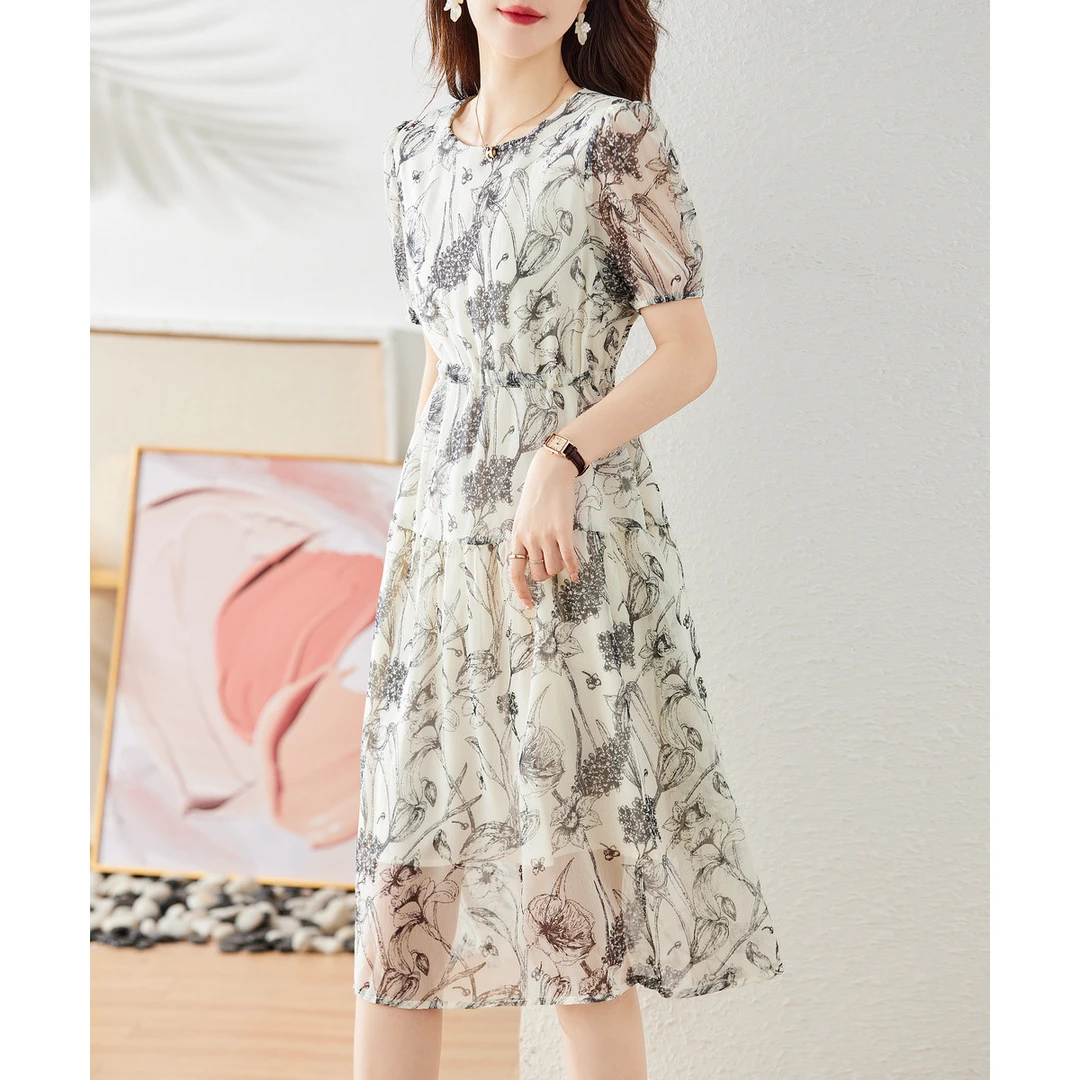 尚静复古国风优雅气质印花连衣裙2025夏新款时尚拼接淑女中长裙女