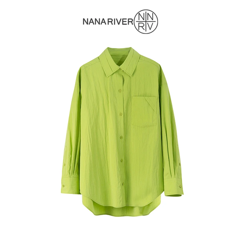 【薄荷】春季新款荧光绿棉衬衫上衣女设计师原创设计法式高级感