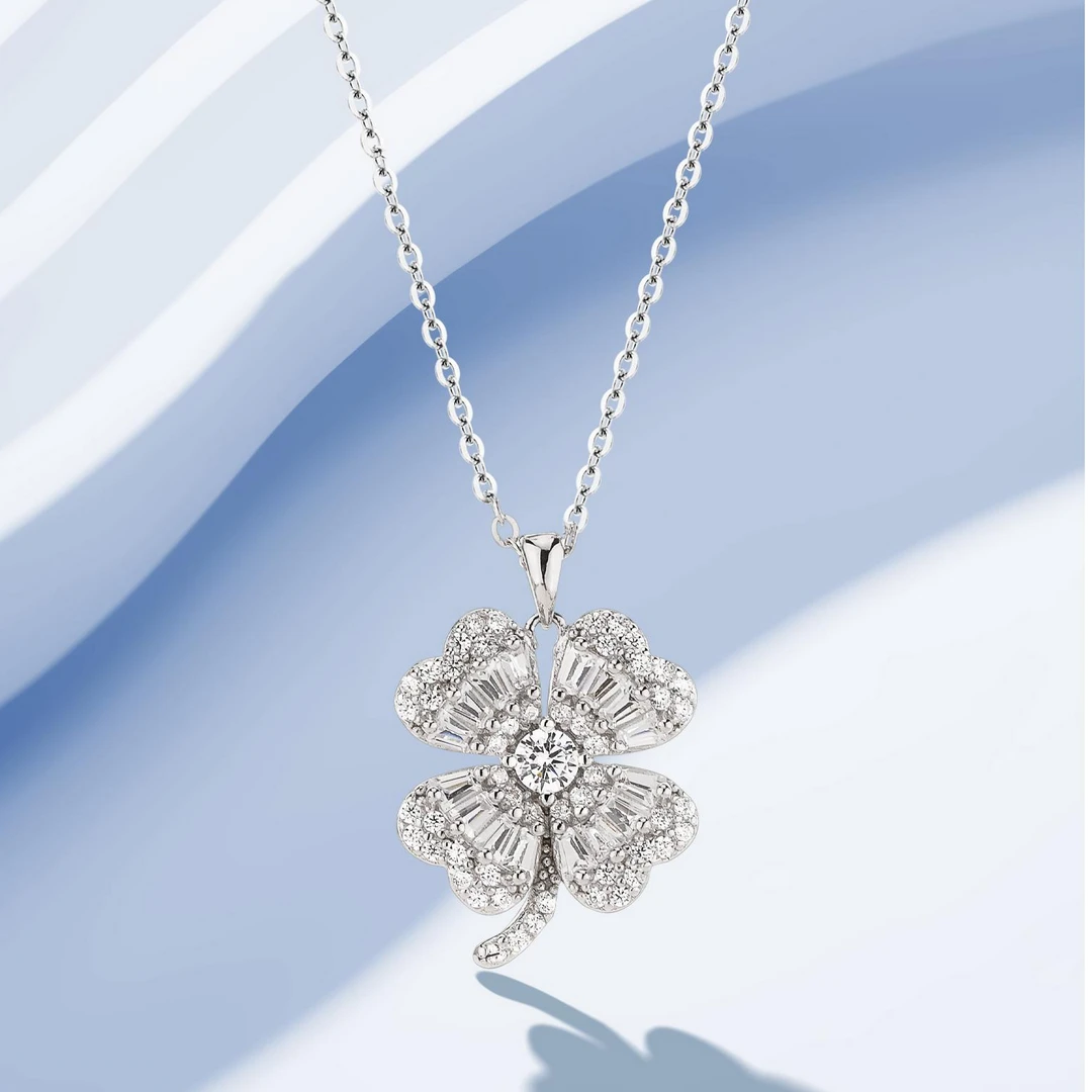坠链均925银合成锆石 S925银项链 幸运四叶草轻奢满钻精致气质