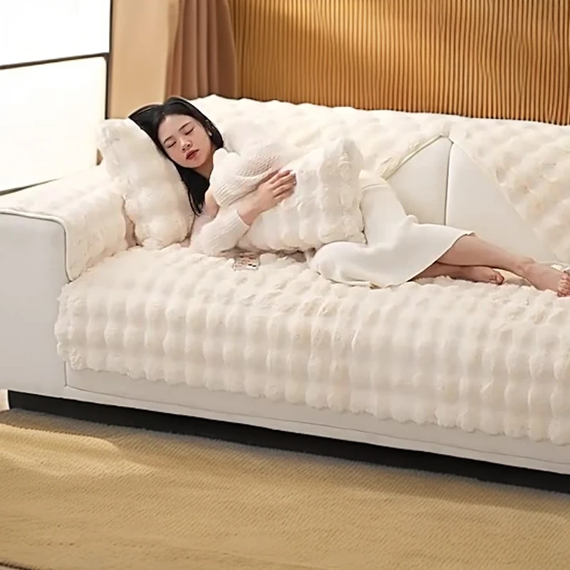 兔兔绒网红沙发垫冬季加厚毛绒坐垫防滑皮沙发套罩2024新款盖布巾