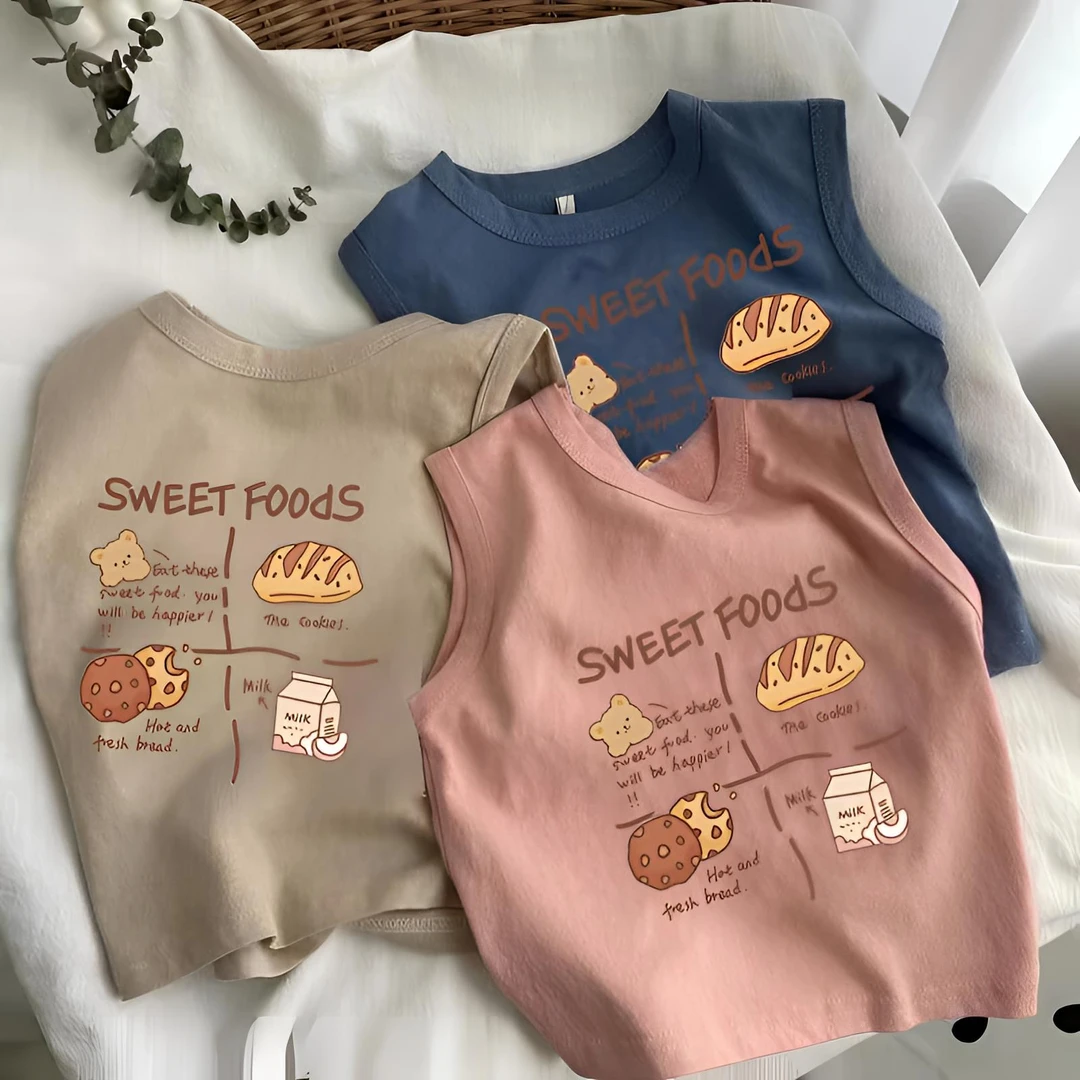 儿童无袖t恤夏季男女童纯棉小背心男童宝宝卡通印花洋气薄款上衣T
