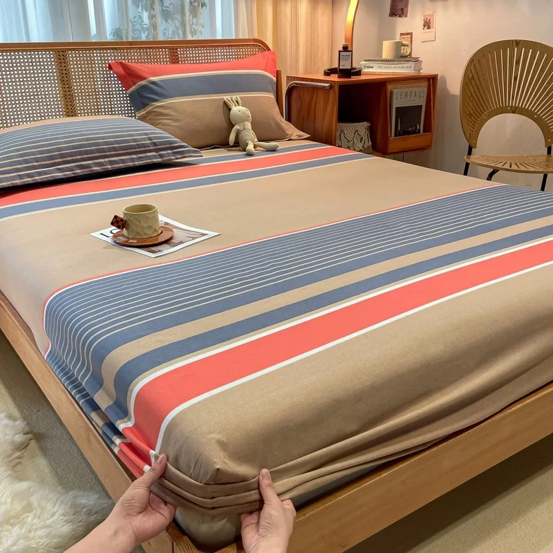 蓝卡其橙色条纹免打理床笠款床单防尘保护套 微瑕介意勿拍