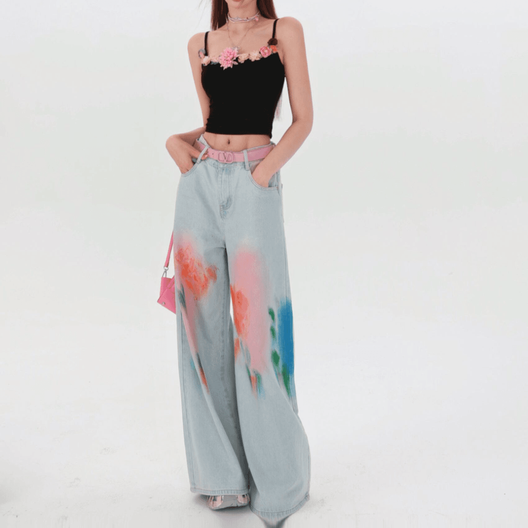 【TEEINXX专属】彩色涂鸦阔腿牛仔裤VK156