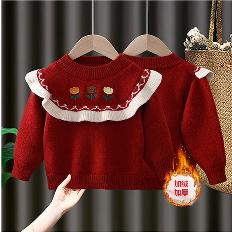 女童毛衣秋冬2025新款小童洋气套头圆领荷叶边女宝宝冬季针织上衣