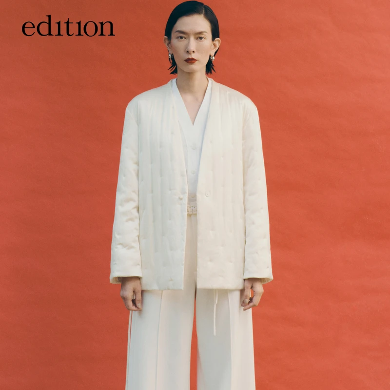 edition2023冬新款女桑蚕丝绣花裥棉外套配腰绳短外套#EBC4COTT21