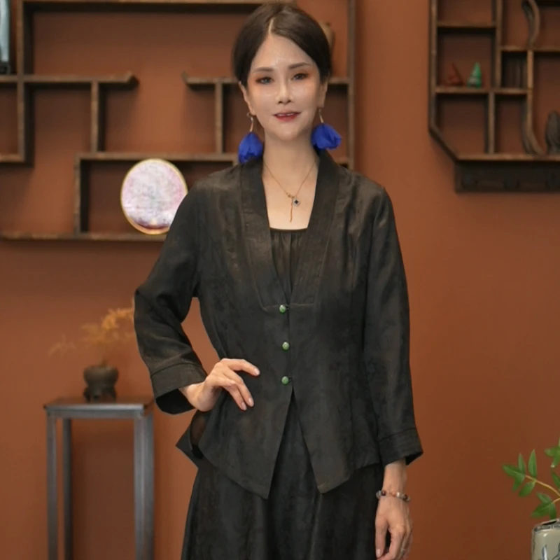 黛玫恩·【月辉】香云纱提花透孔萝缎中国风复古上衣C46520004