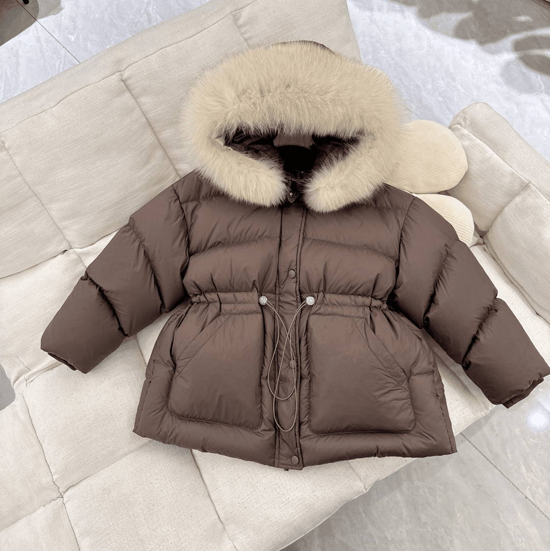 秋冬新款儿童羽绒服男女宝宝中长款大毛领收腰洋气加厚冬装潮外套