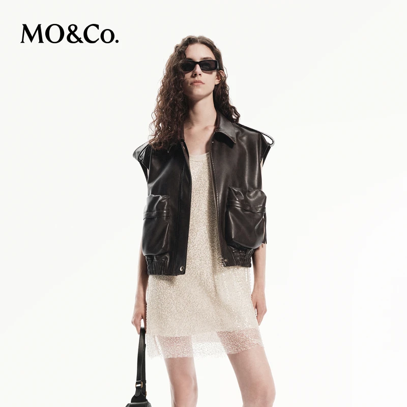 MOCO秋复古擦色素皮工装口袋宽肩短款马甲外套MBD3WAI001