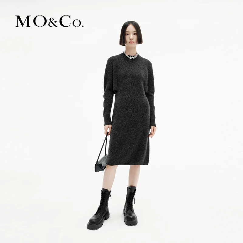 MOCO绵羊毛骆马绒裂口收腰高腰直筒针织连衣裙MBC4DRSK01