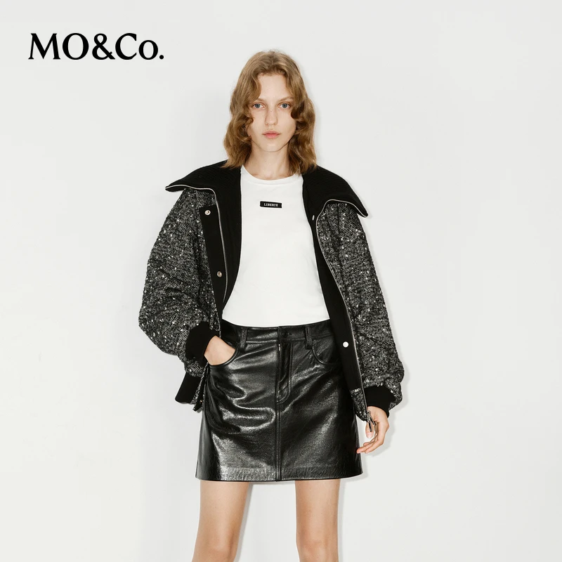 MOCO外套冬含绵羊毛翻领黑白粗花呢飞行夹克MBD4COTT01