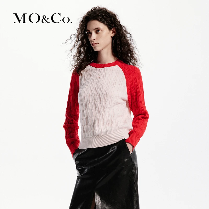 【美丽诺绵羊毛】MOCO冬季含山羊绒绞花插肩袖针织衫MBC4SWTK03