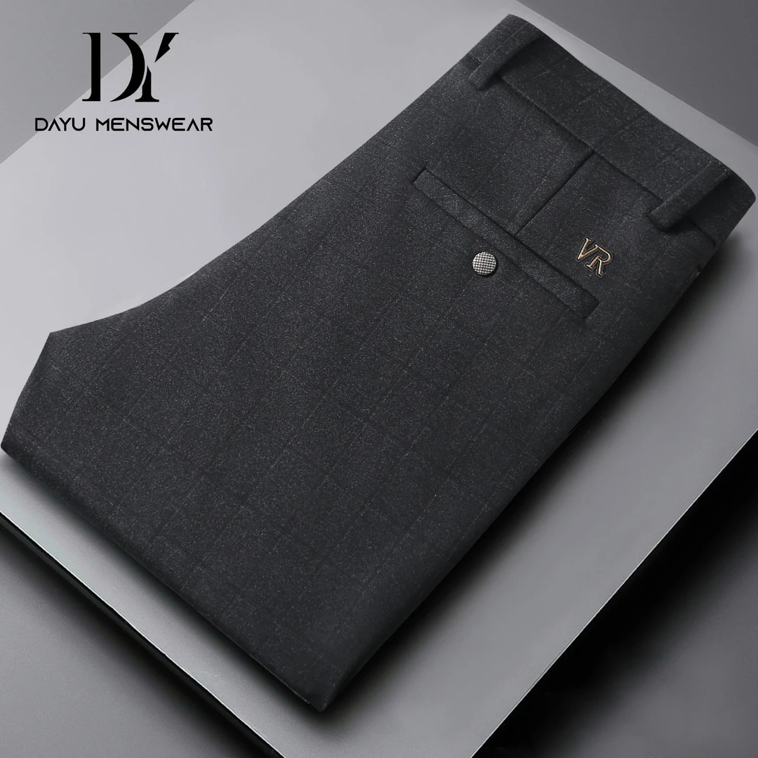 【DY.推荐】男士深灰棋盘格商务休闲修身小脚裤6928