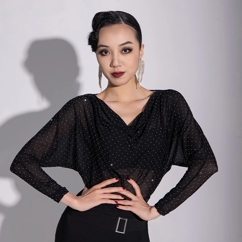 名茵2024春夏新款摩登舞点钻领上衣透气性感宽松交谊国标舞蹈MD23