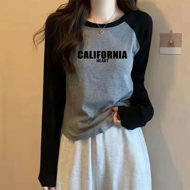 春夏美式复古插肩袖撞色上衣女印花内搭打底衫修身长袖T恤