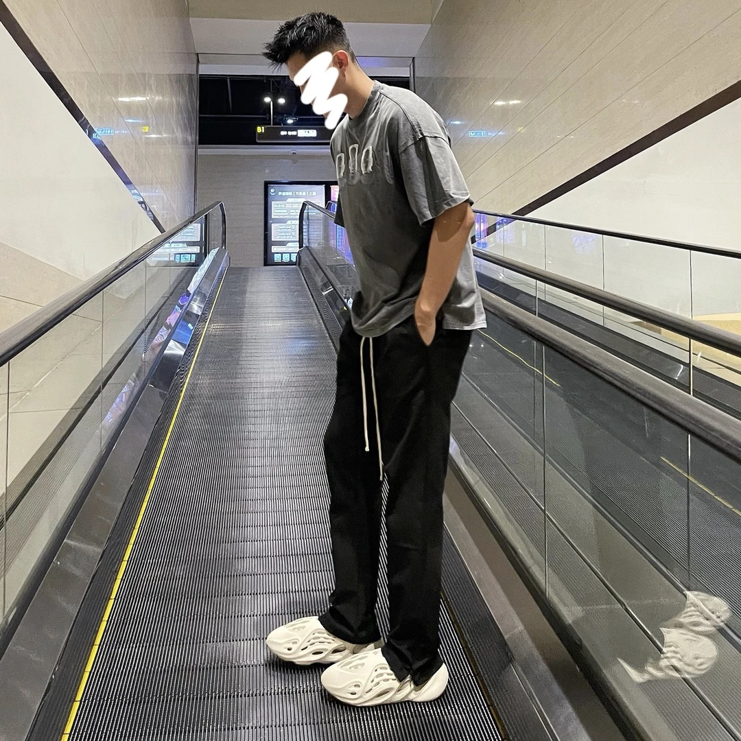 DaeeWooo高级感风ins风廓形混纺直筒百搭双拉链休闲裤抽绳裤男韩
