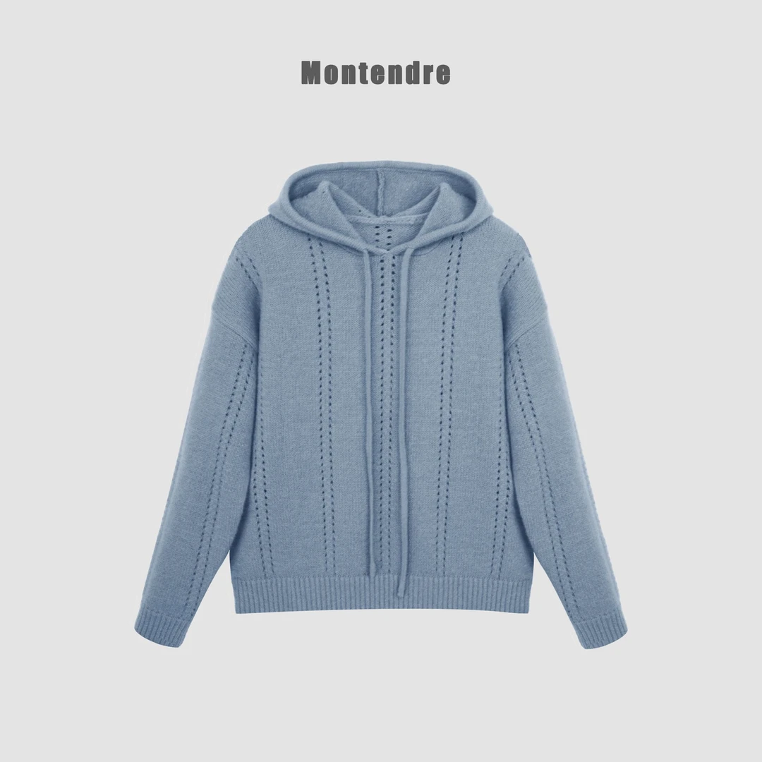 【六哥外贸】日系品牌 秋冬新款 J 镂空编织设计气质连帽套头针织衫