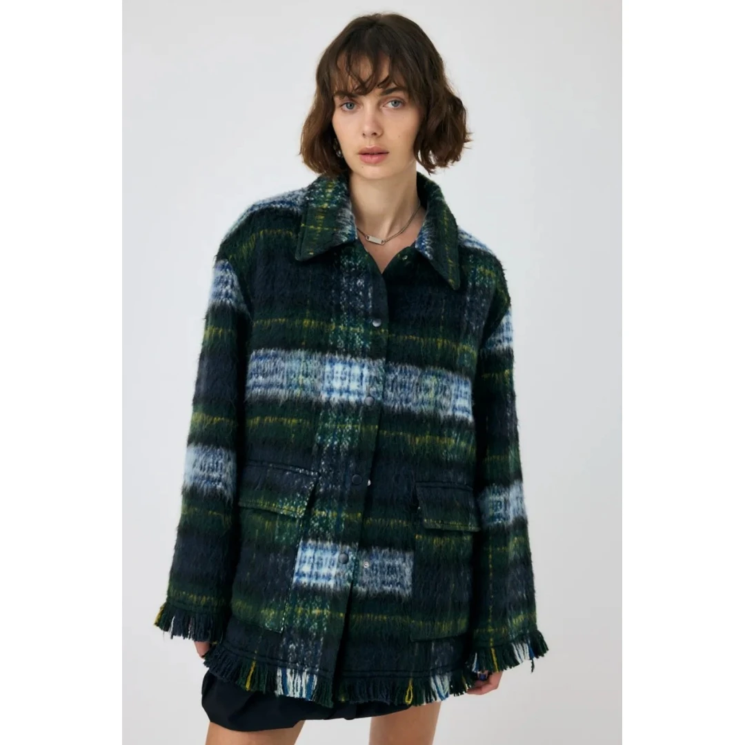 【Yorozuya】日系品牌 秋冬新款 M 格纹混纺流苏百搭气质毛呢外套女