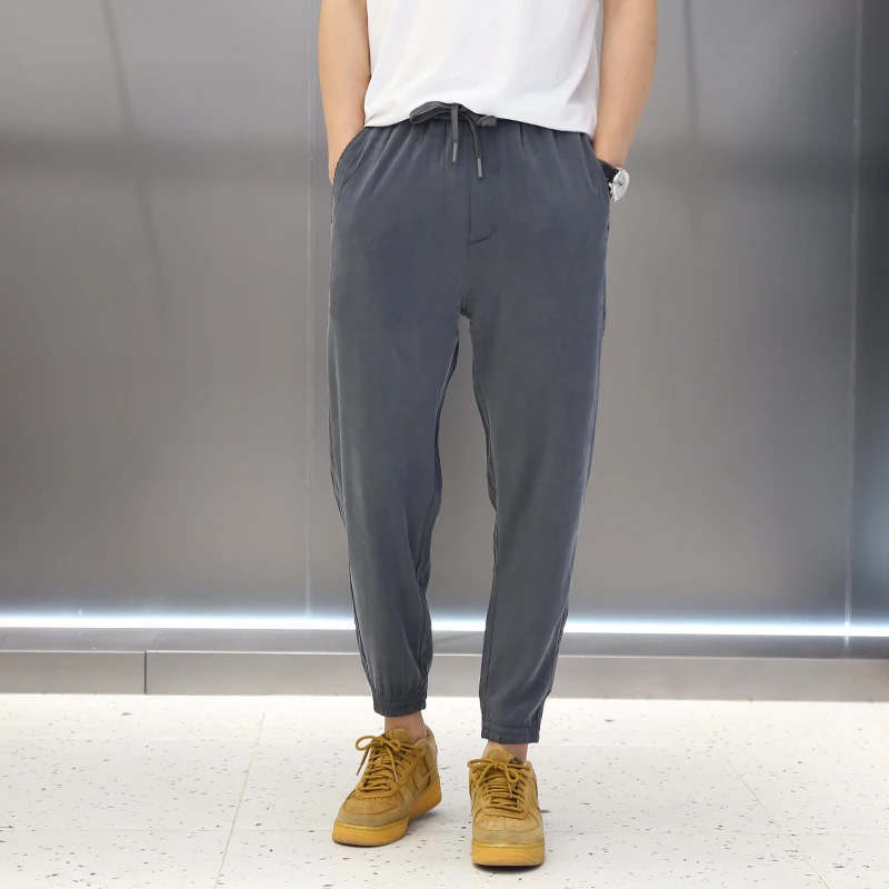 冰丝透气休闲男裤子男士夏季薄款速干束脚裤九分裤日系纯色修身