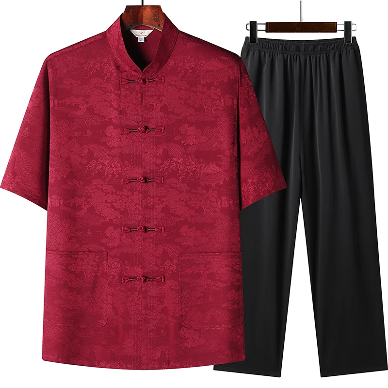 2023新款男士中国风短袖套装爸爸装春秋季老人婚宴过寿唐装两件套