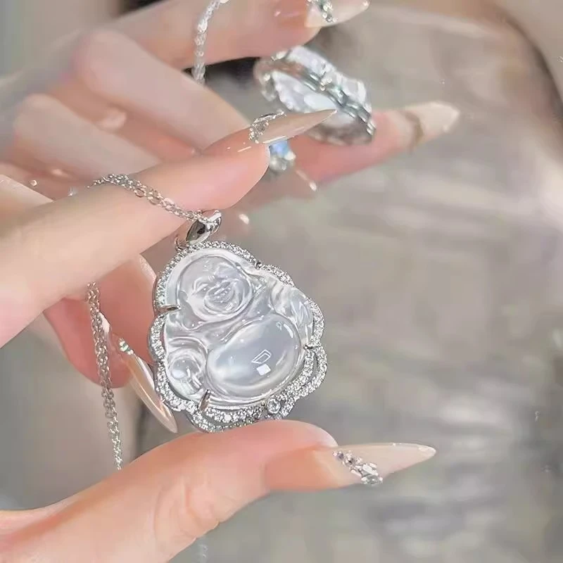 铜合金项链 新中式银色轻奢佛公吊坠项链女弥勒佛笑佛颈链白色