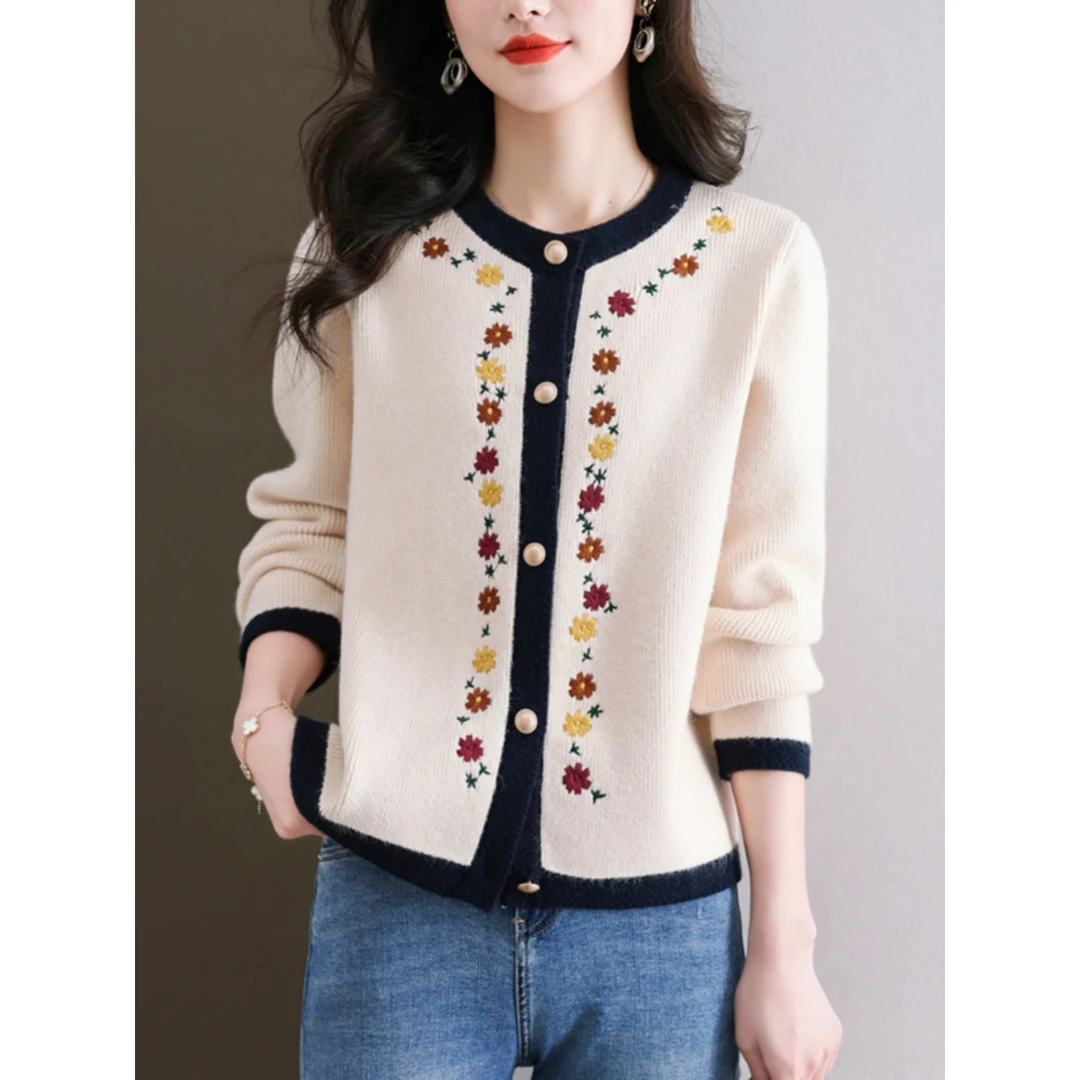 圆领绣花针织开衫女士宽松短款毛衣妈妈外套女配裙子针织外衣上衣
