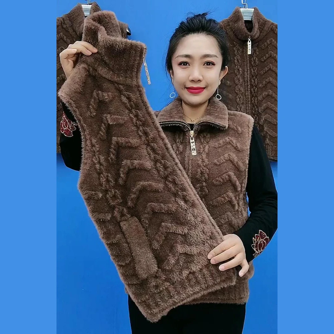 圆圈条纹提花立领百搭仿貂绒开衫马夹背心秋冬季中老年女装短款
