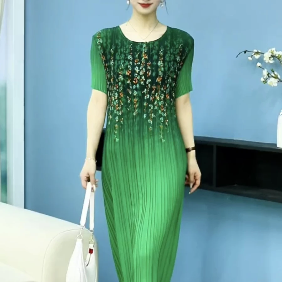 新品三宅褶皱连衣裙女夏季轻薄款时尚印花柔软百褶裙女显瘦中长裙