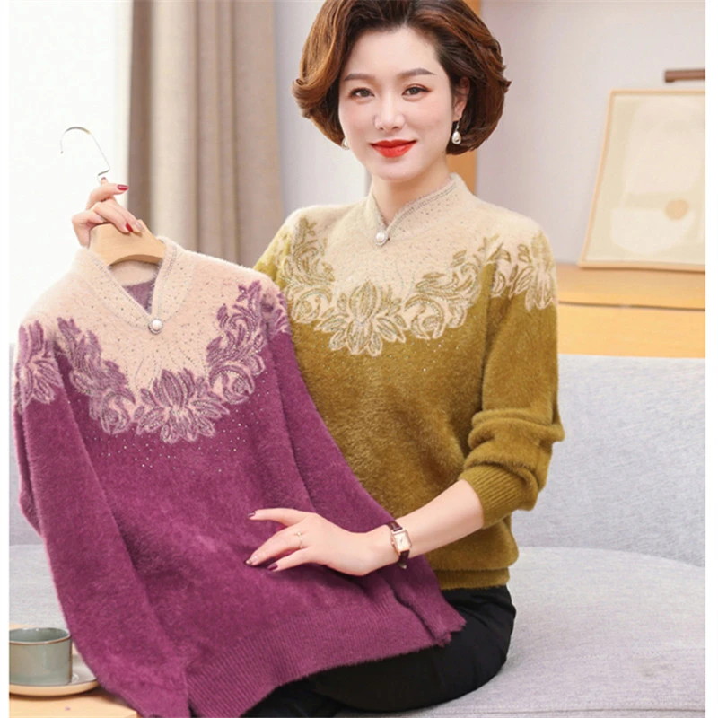 妈妈毛衣秋冬装半高领加绒打底衫洋气50岁减龄中老年女内搭针织衫