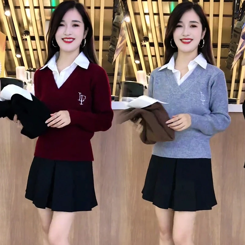 学院风假两件Polo衬衫领针织衫女秋冬款洋气减龄宽松百搭毛衣