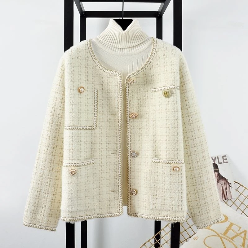 [不掉毛]2023春秋新款小香风女仿水貂毛外套洋气冬季开衫上衣女装