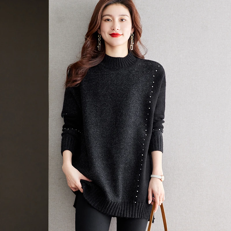 重工钉珠渐变色毛衣女秋冬2023新款中长款慵懒风加厚针织衫遮屁股