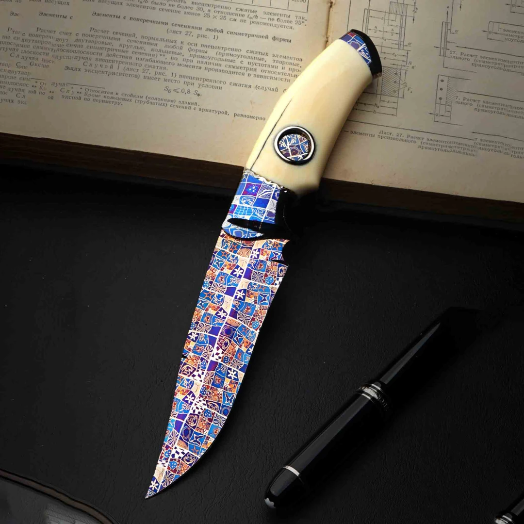 Izanagi人脸马赛克大马士革北欧刀 手工户外家用剔骨野营花纹