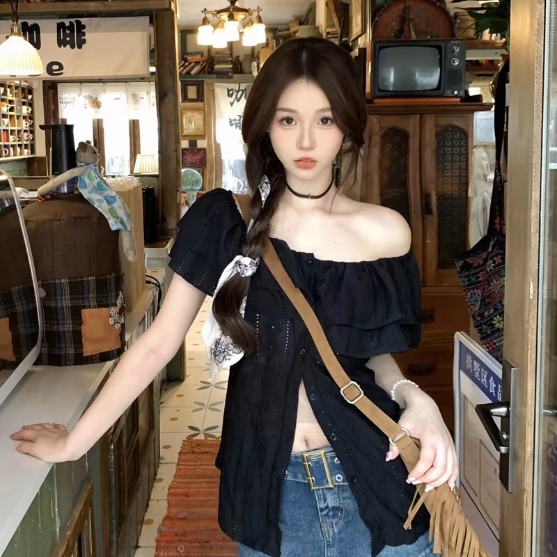 微胖MM女装夏季一字肩显瘦显高设计感衬衫中长蕾丝上衣露肩小众