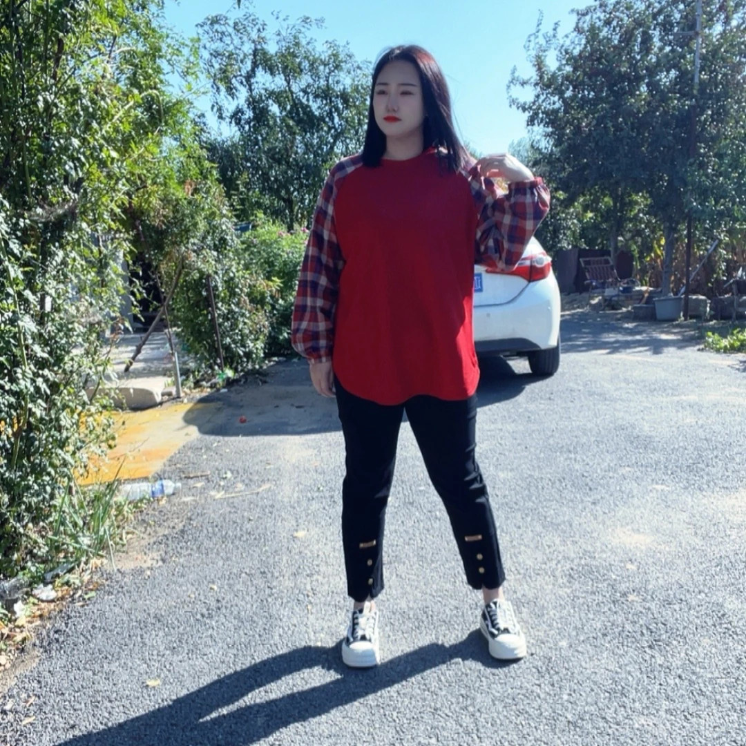 WW大码胖妹妹时尚休闲假两件拼接袖格子显瘦韩版百搭上衣5235