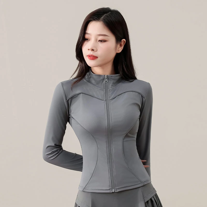 加绒加厚瑜伽外套女拉链开衫立领修身显瘦弹力长袖冬季款保暖上衣