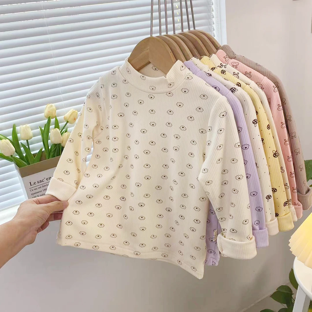 春秋儿童打底衫卡通印花半高领T恤长袖女童上衣套头秋衣高弹力