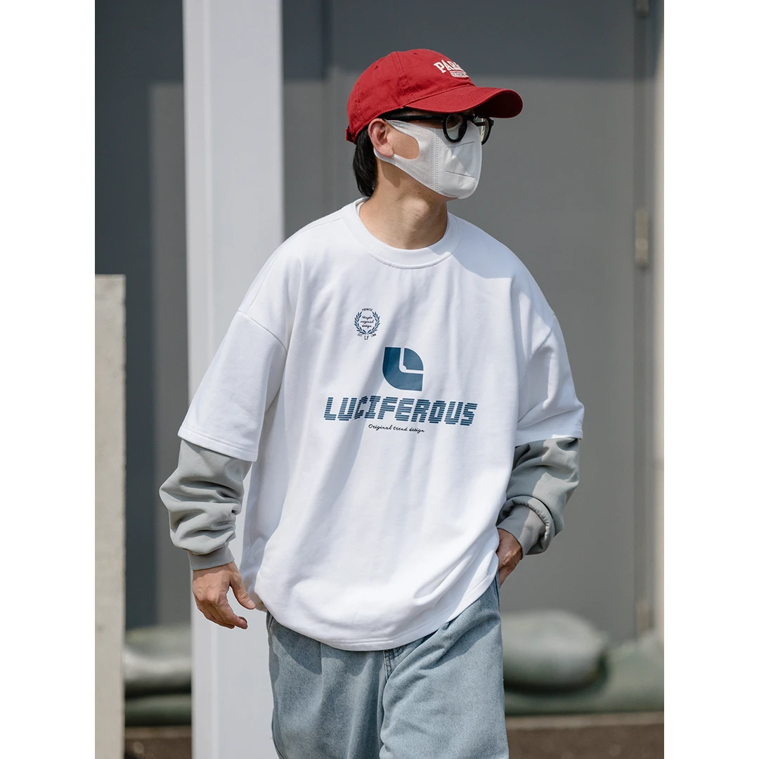 秋季新款双层袖子圆领卫衣假两件印花港风ins潮流套头 LF24270