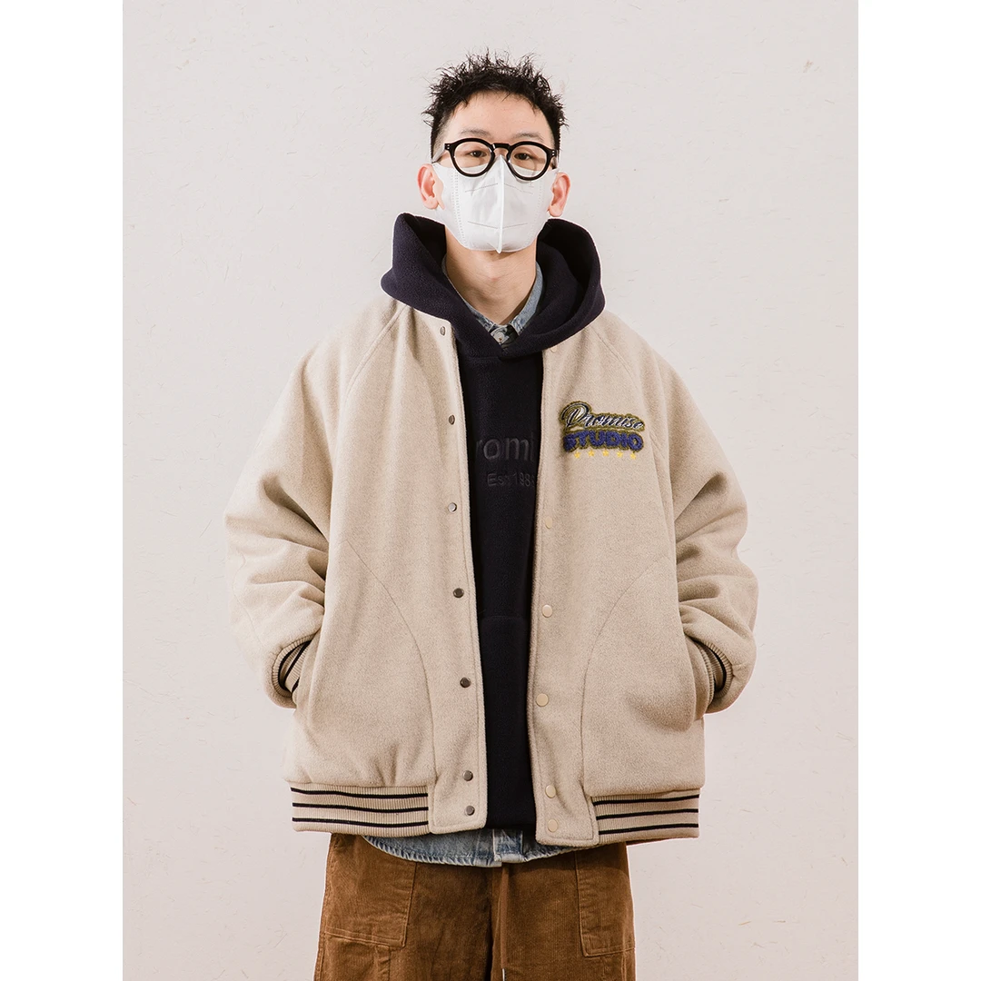 冬季新款日系加棉加厚呢料休闲宽松棒球领百搭外套棉衣 LF23267