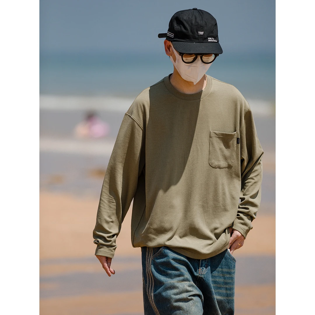 秋季新款港风口袋夹标T恤简约宽松ins日系复古潮流长袖 LF24212