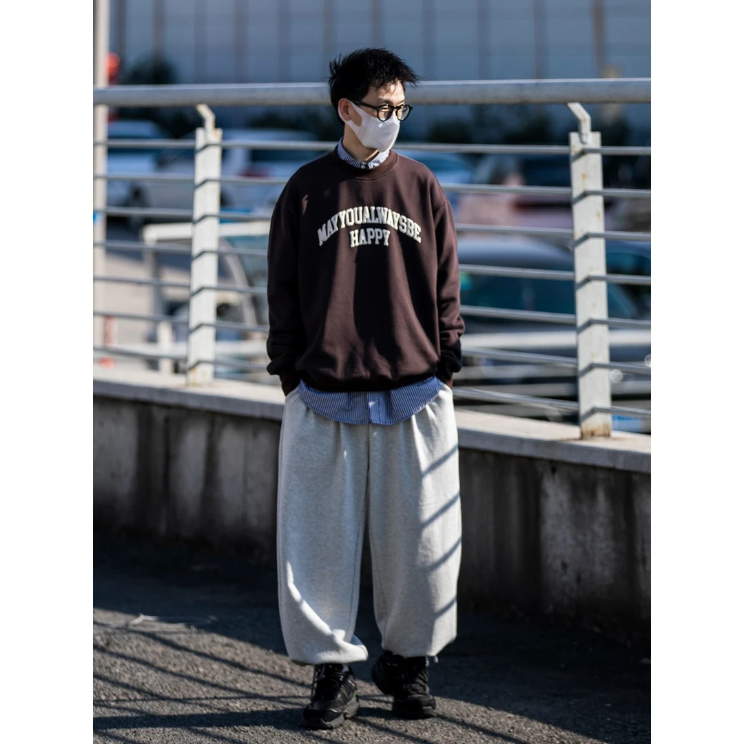 360g春夏日系复古宽松脚口抽绳阔腿直筒收脚纯色卫裤 LF2335清
