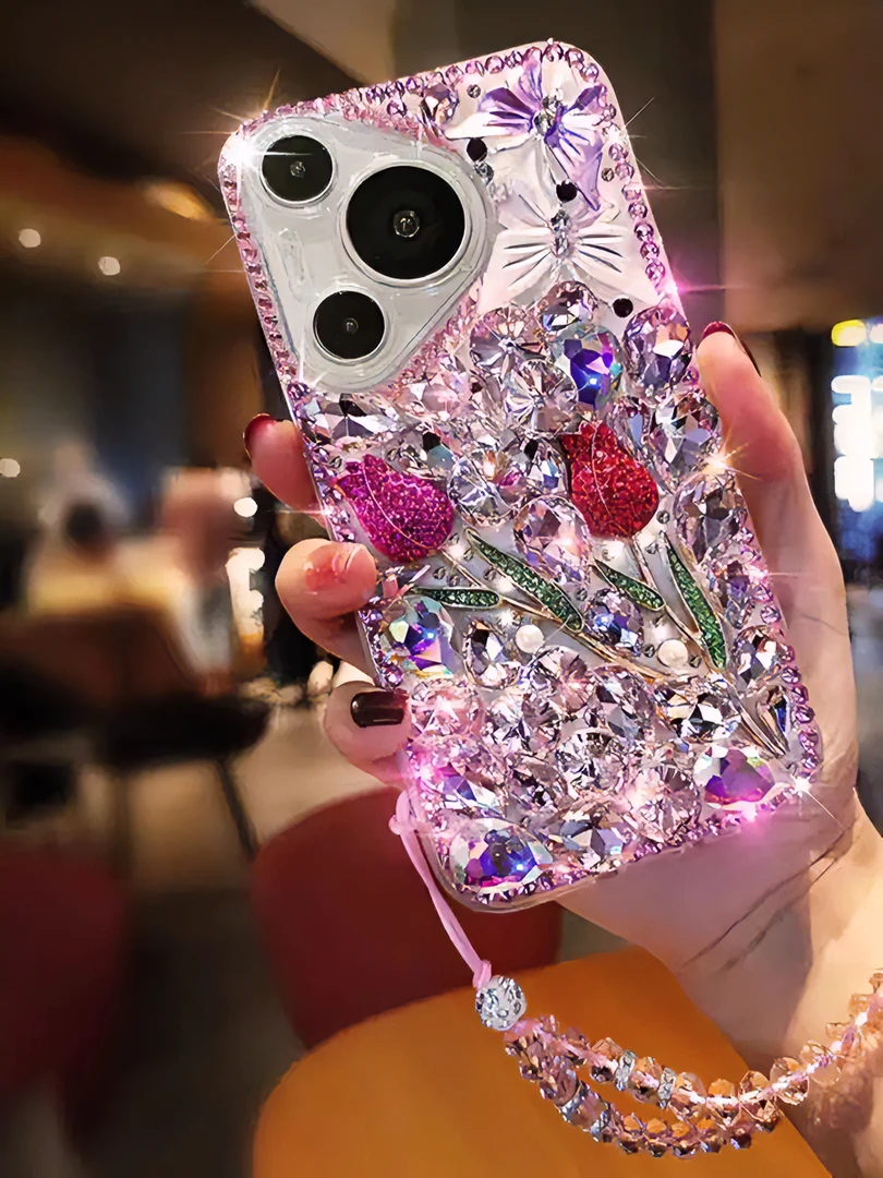 新款华为Pura70手机壳满钻玫瑰花P70pro全包防摔高级女5G硅胶软潮