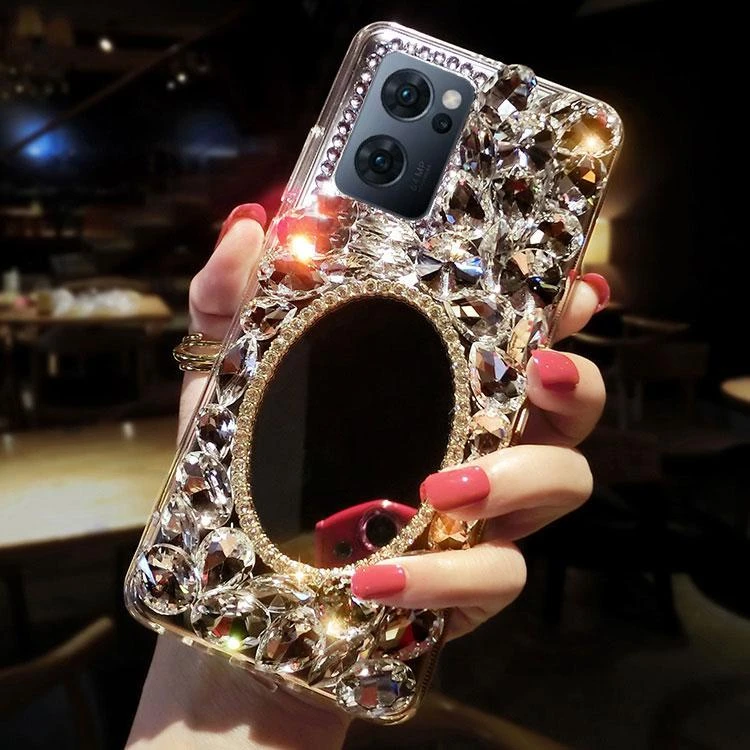 补妆镜子OPPOreno7带水钻壳新款Reno6pro+保护套5k女4se网红3