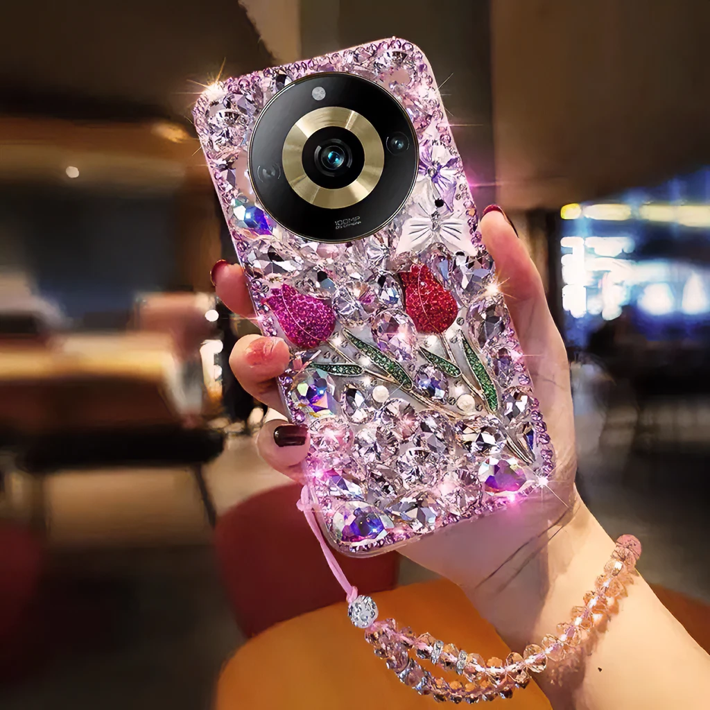 新款真我11手机壳玫瑰花满钻Realme11pro+全包防摔壳5g镶钻女软壳
