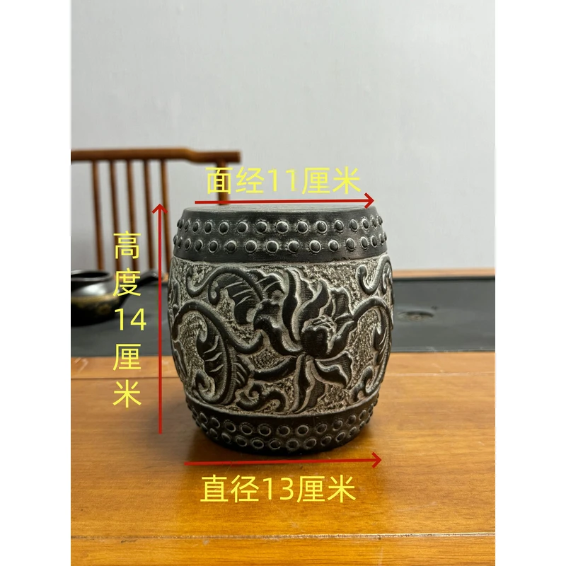 山西青石桌面摆件缠枝莲立鼓