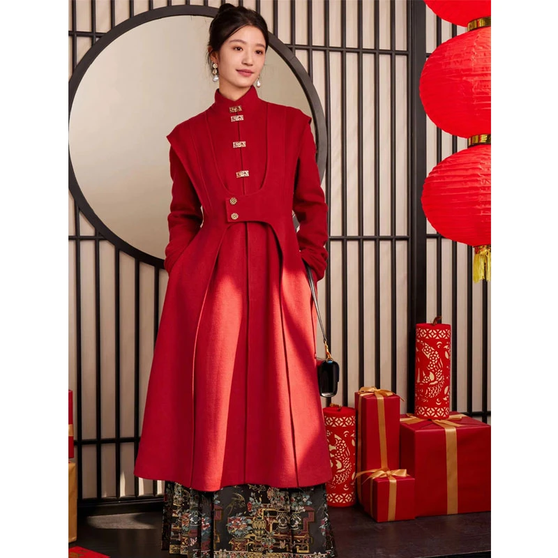 新中式酒红色外套女毛呢大衣双婚礼新娘小个子中长款呢子新款冬季
