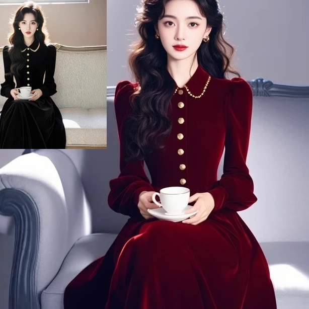 法式高贵金丝绒连衣裙冬季爆款高级感穿搭年会礼服日常订婚礼服女