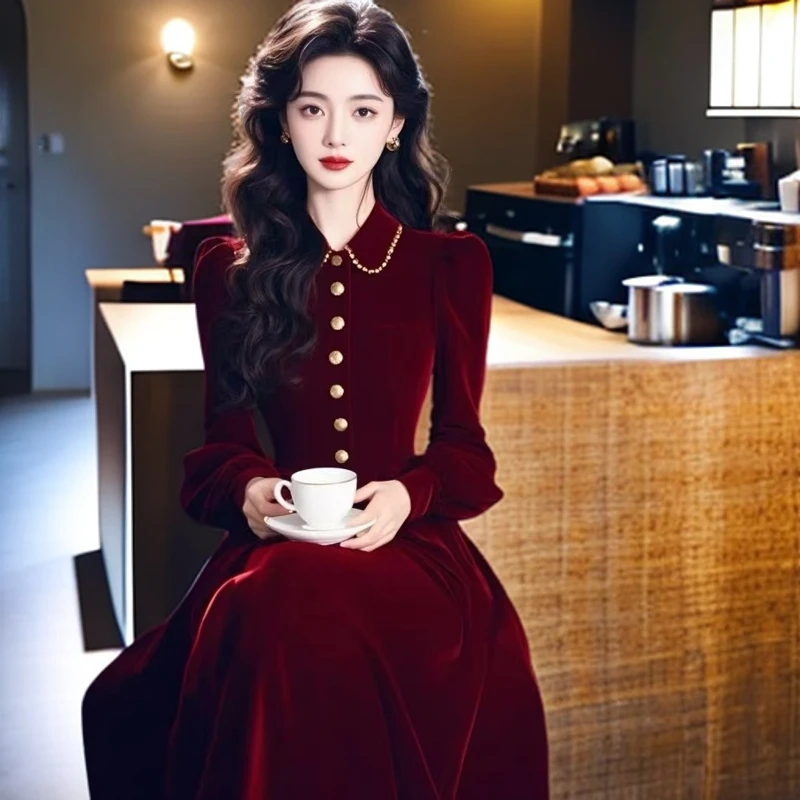 新款春季富家千金高级感穿搭爆款礼服长裙法式酒红色丝绒连衣裙女