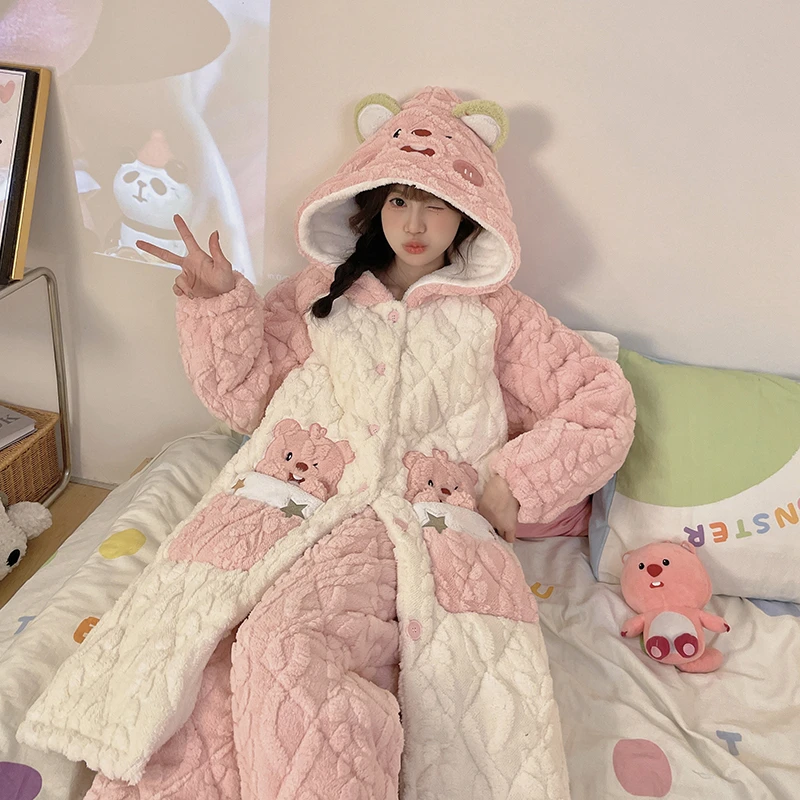 睡袍女冬加长款珊瑚绒睡衣三层夹棉加绒加厚女士家居服浴袍秋冬款