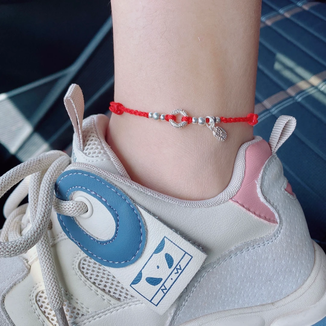 925银布艺脚链 S925纯银平安扣脚链女款简约百搭时尚气质轻奢脚绳