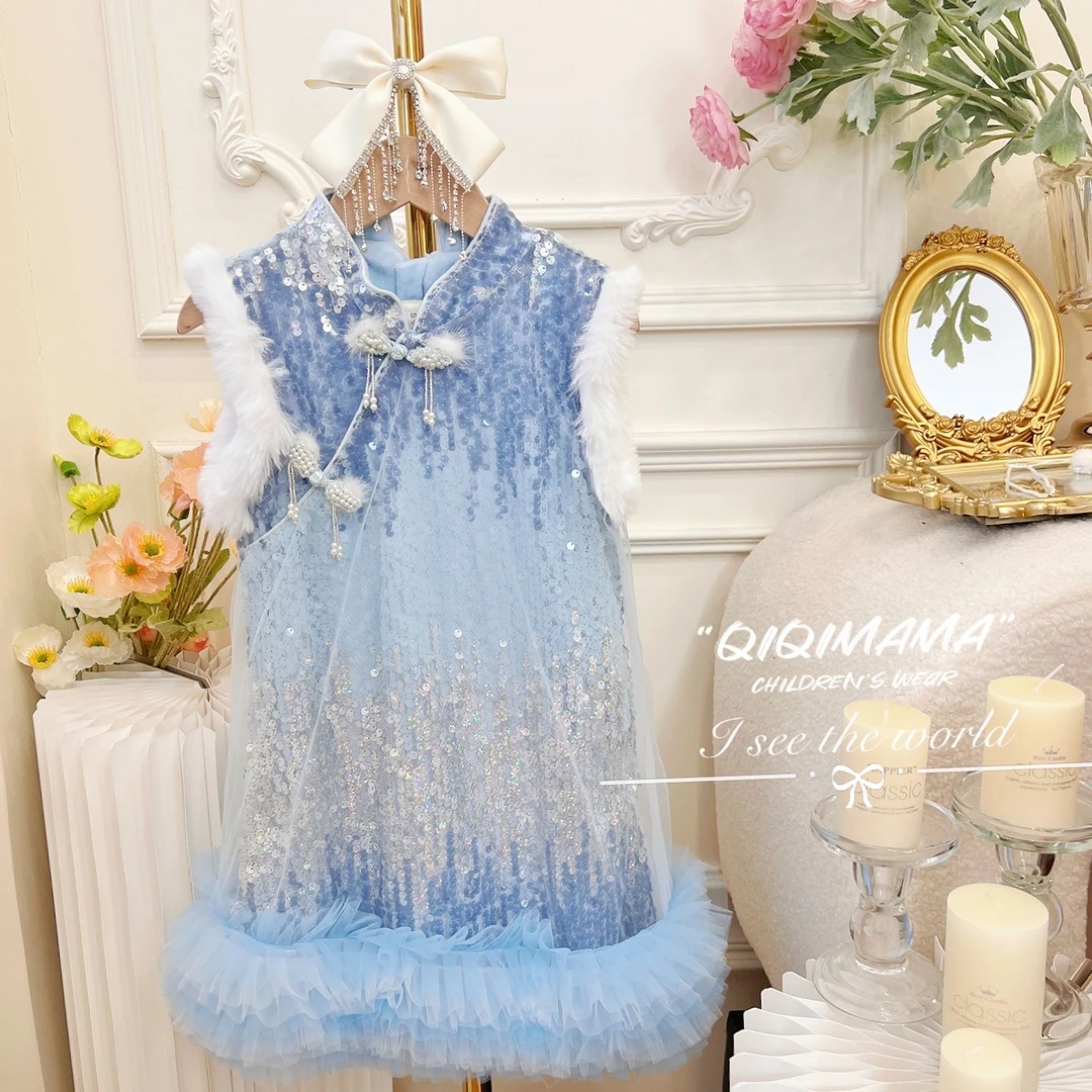 【Qi奇妈】女童秋冬蓝色蕾丝亮片加绒重工礼服裙连衣裙背心裙L4112